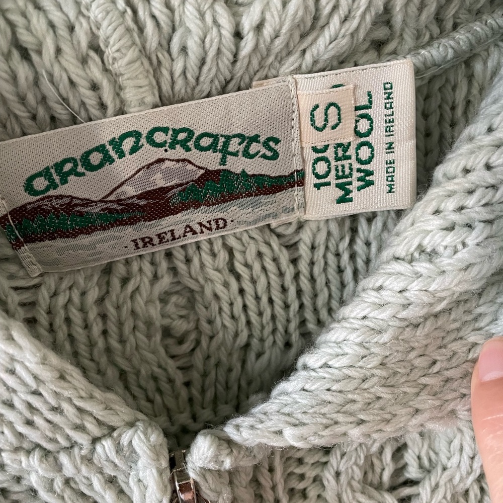 Aran Crafts Ireland 100% merino wool light green long zip up cardigan sweater S - Picture 7 of 13